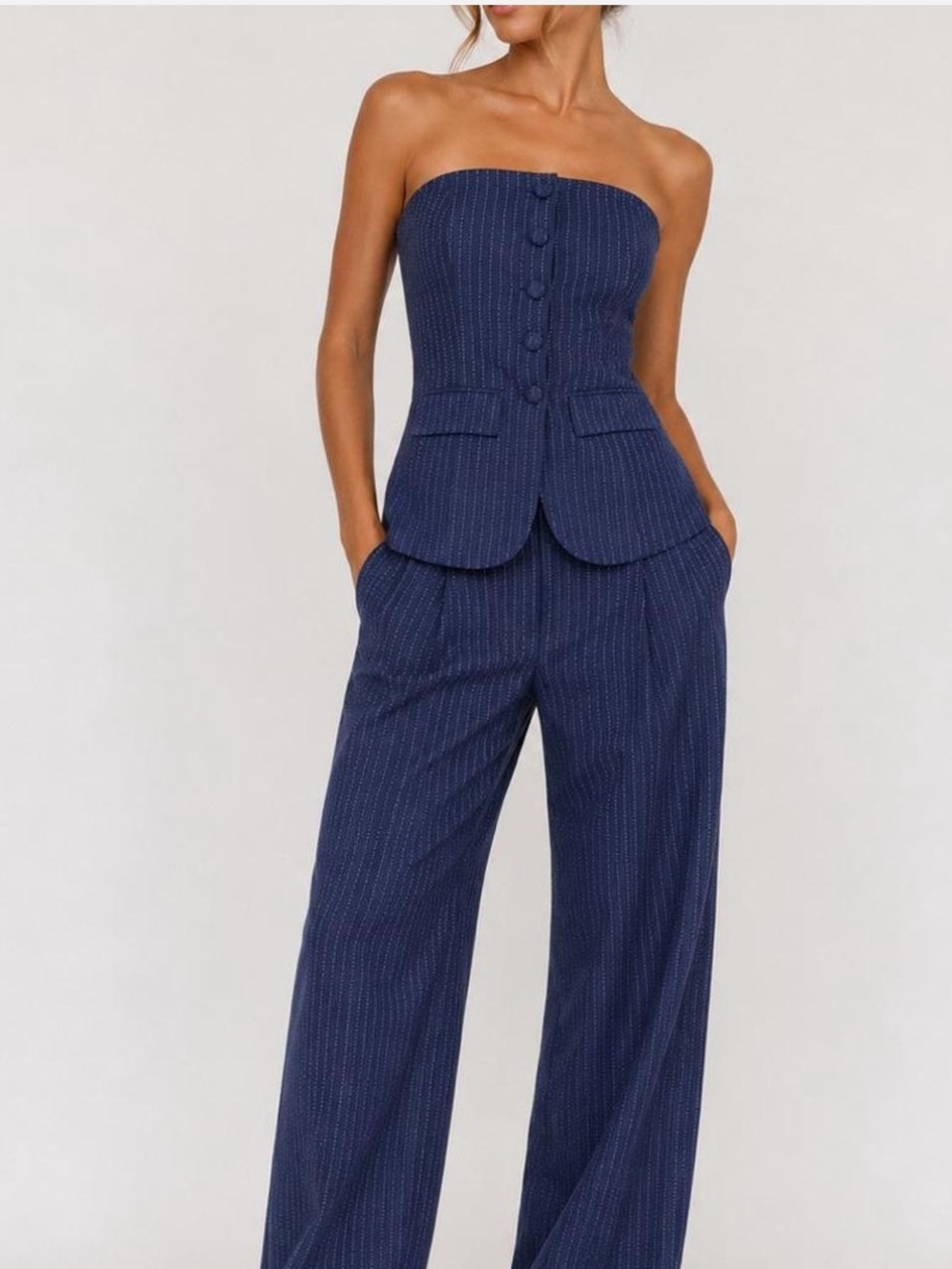 Strapless Navy Pinstripe Wide-Leg Jumpsuit